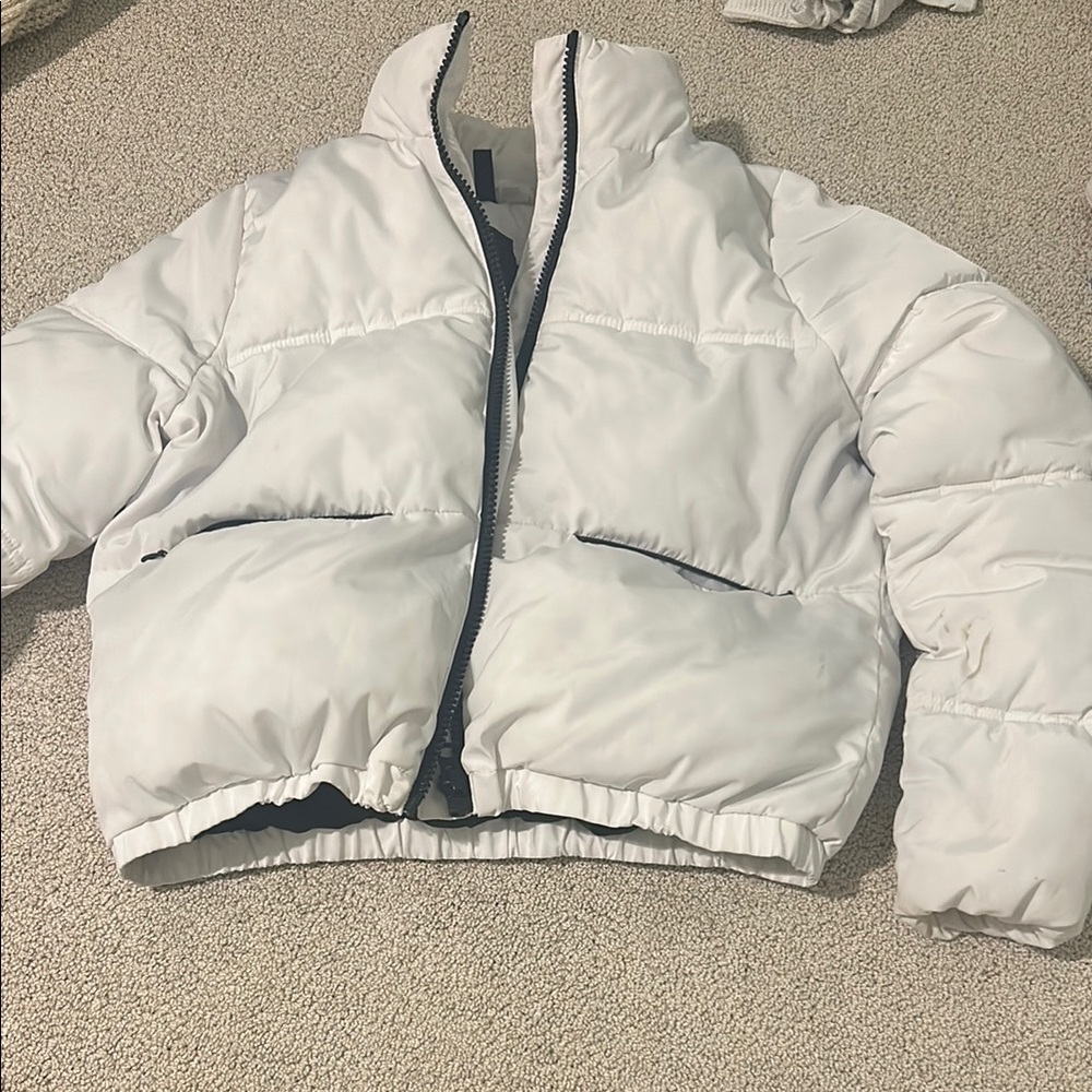 H&M White Puffer Coat with Quilted Design and High Collar